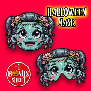 Halloween Maske für Kinder. Frankenstein Mädchen Maske zum Ausdrucken. Bunte, witzige, praktische Maske. Halloween-Kostüm für Kinder.