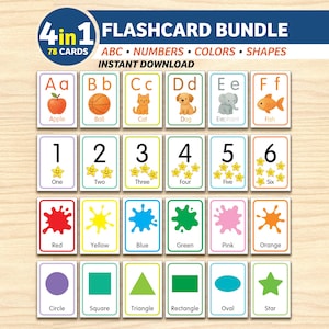 May include: A 4-in-1 flashcard bundle featuring 78 cards with letters, numbers, colors, and shapes. The cards display illustrations of an apple, ball, cat, dog, elephant, and fish, alongside numbers with star icons, color splats, and geometric shapes.