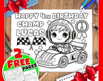 Personalized Race Car Birthday Coloring Page – Custom Name (PDF)
