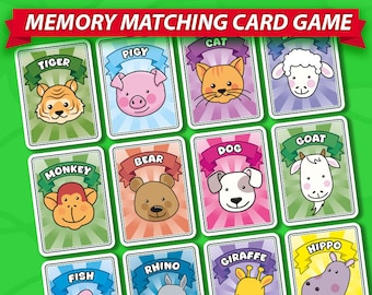 Animal Memory Matching Game voor kinderen, 24 afdrukbare kaarten, pdf voor peuterleeractiviteit