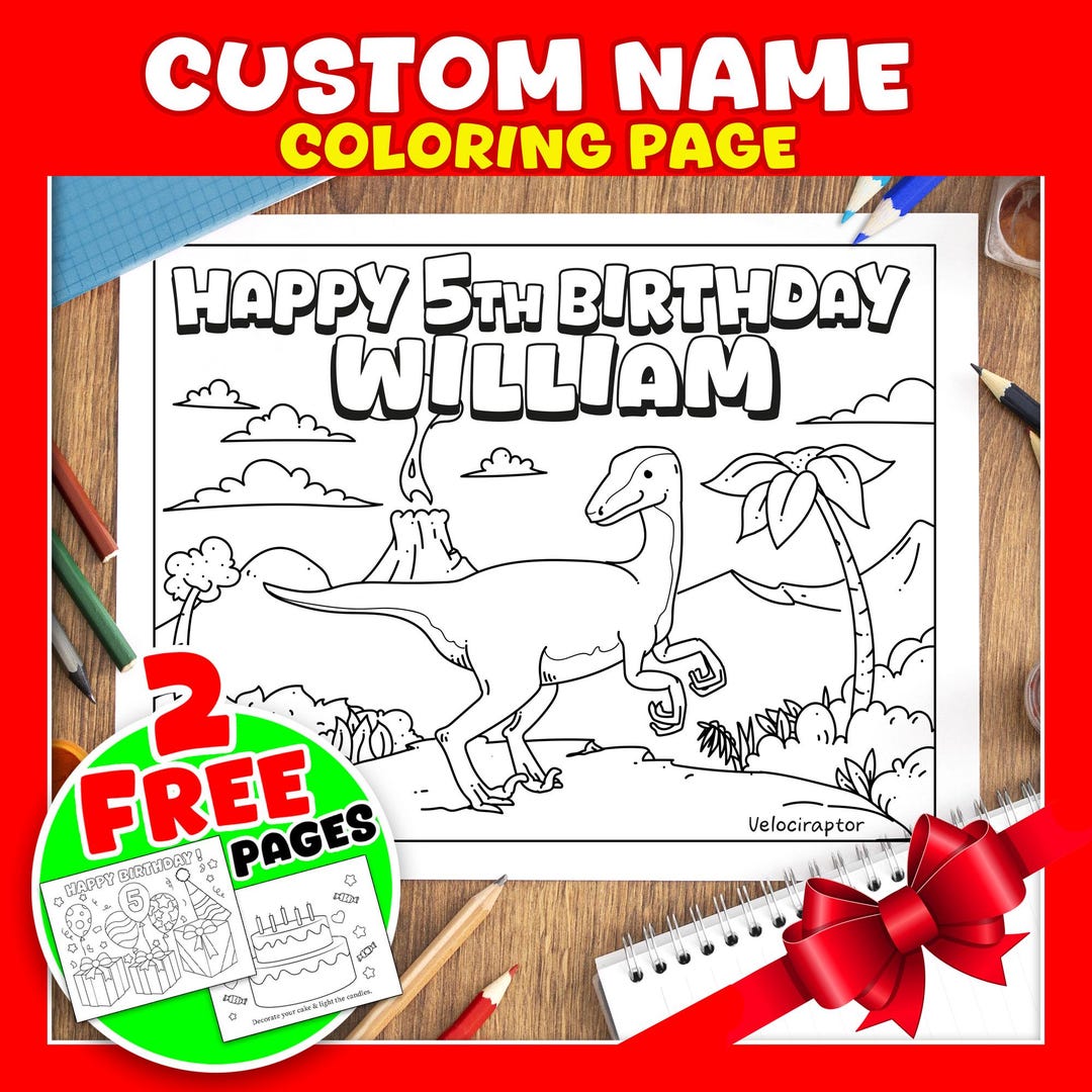 PERSONALIZED Dinosaur Birthday Coloring Pages: Custom Kids Party ...