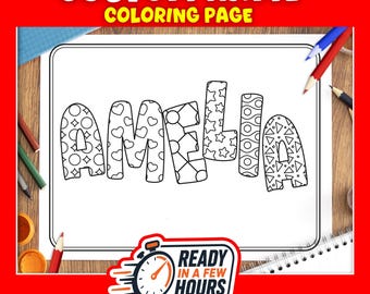 May include: A white rectangular coloring page featuring the name AMELIA in large, bold, black-outlined letters filled with various patterns including hearts, circles, stars, and triangles, surrounded by colored pencils and a stopwatch graphic.