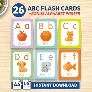 Puede incluir: Un juego de 26 tarjetas didácticas ABC y un póster de alfabeto adicional con ilustraciones de una manzana, pelota, gato, perro, elefante y pez. Las tarjetas muestran letras mayúsculas y minúsculas. Texto: 26 ABC FLASH CARDS +BONUS ALPHABET POSTER, A4 21x30cm, US LETTER 8.5x11in, INSTANT DOWNLOAD.