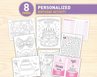 May include: A set of eight personalized birthday activity pages featuring black and white line art for coloring, including a birthday cake, balloons, gift boxes, a masquerade mask, a maze, a guest list, and a thank you card with pink accents.