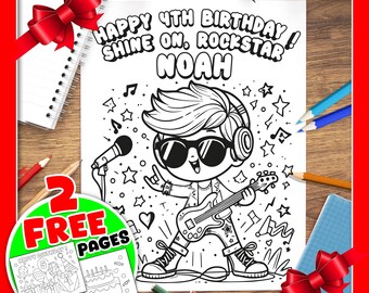May include: A black and white coloring page featuring a cartoon rockstar with a guitar, sunglasses, and headphones. The text "Happy 4th Birthday! Shine on, Rockstar! Noah" is at the top of the page.