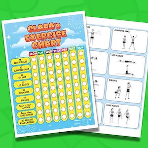 May include: Two exercise charts on a green background. The first chart is titled "Clara's Exercise Chart" and lists exercises like arm circles, jumping jacks, and squats. The second chart shows illustrations of exercises such as jumping jacks and leg raises.