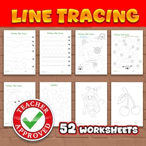 Puede incluir: Una colección de 52 hojas de trabajo para trazar líneas, con varias formas, animales y objetos. Las hojas de trabajo incluyen el texto "LINE TRACING", "follow the bees" y "TEACHER APPROVED".
