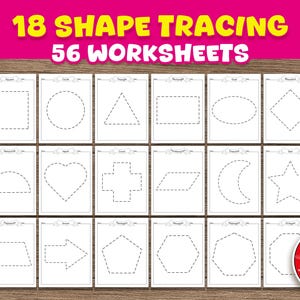 Shape Tracing Worksheets – Summer Activity, 18 Basic Shapes, 56 sheets, Fine Motor Skills (PDF Pattern)