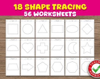 Shape Tracing 56 Worksheets, Summer Activity, 18 Basic Shapes, Fine Motor Skills (PDF Pattern)