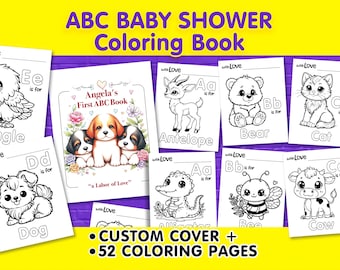 52 Pages ABC Baby Shower Coloring Book +Custom Cover. Baby's First ABC Book, Baby Animal Theme Alphabet Book.