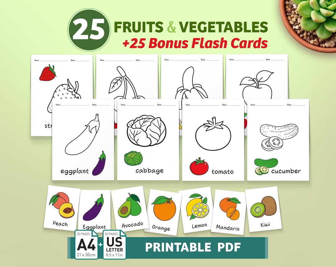 Coloring Pages & Flash Cards Bundle – Fruits, Vegetables Preschool ...
