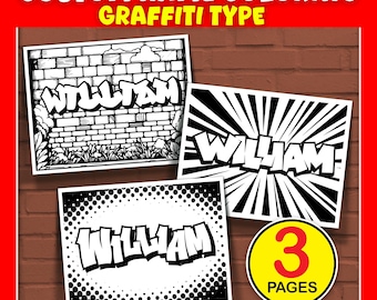 May include: Three black and white custom name coloring pages with the name "WILLIAM" in graffiti style. The pages are displayed on a brick background with the text "CUSTOM NAME COLORING GRAFFITI TYPE" at the top. A yellow circle with the number "3" and the word "PAGES" is also included.