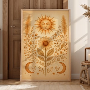Arte de parede Boho Sol e Lua, pôster floral celestial, estampa botânica de margaridas, decoração espiritual rústica para casa, download digital para quarto de bebê ou infantil.