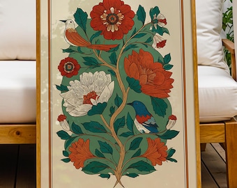 Scandinavian Folk Art Wall Art, Vintage Bird and Flower Poster, Modern Nordic Botanical Print, Rustic Floral Decor, Digital Download