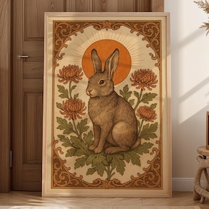 Vintage Rabbit Wall Art Print, Botanical Rabbit Poster with Sun and Flowers, Rustic Animal Illustration, Cottagecore Wall Decor