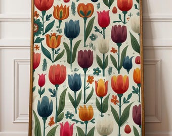 Scandinavian Folk Art Print, Flower Wall Art, Floral Nordic Illustration, Swedish Folk Poster, Vintage Scandinavian Decor, Digital Download