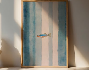 Arte de parede minimalista com peixes, estampa listrada costeira (download digital)