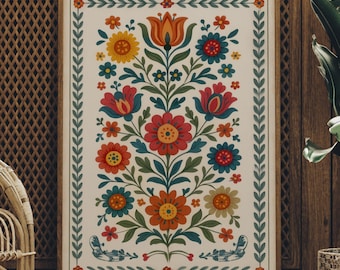 Skandinavisk folkkonst blomtryck, färgglad nordisk botanisk väggkonst, vintage folkblommaposter, mysig bohemisk heminredning, digital nedladdning