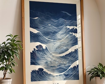 Blue Waves Japanese Wall Art, Japandi Poster, Zen Style Art Print, Ocean Waves, Printable Japanese Decor for Home, Wabi Sabi Wall Artwork