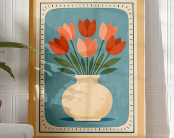 Tulip Wall Art, Modern Floral Vase Print, Minimal Botanical Poster, Neutral Blue and Beige Home Decor, Red Tulips in Vase, Digital Download