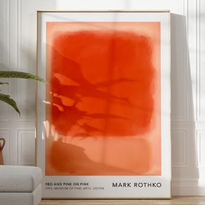 May include: A framed art print titled "Red and Pink on Pink" by Mark Rothko. The artwork features a large, vibrant red rectangular shape over a pink background. The print is displayed in a gold frame, with text at the bottom indicating the artist and museum.