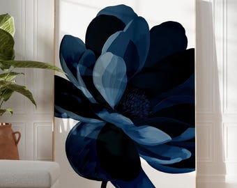 Navy Blue Flower Art, Modern Floral Poster, Minimalist Botanical Print, Elegant Neutral Wall Decor, Contemporary Nature Artwork for Home
