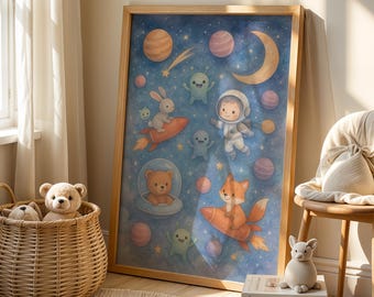 Astronaut Animal Space Nursery Art: Kids Galaxy Poster (Digital Download 24x36 inches)