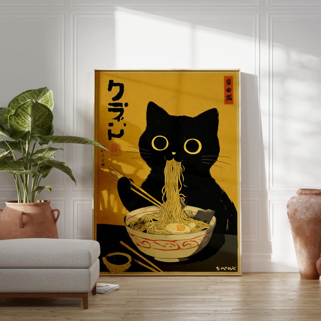 Japanese Cat Eating Ramen Wall Art, Japandi Poster, Food Art Print ...