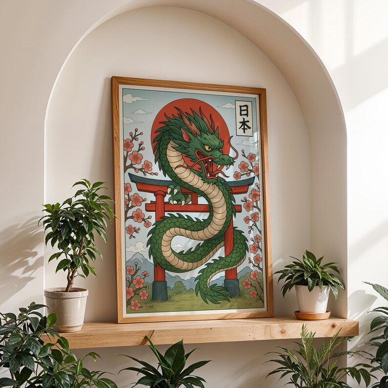 May include: Framed artwork featuring a green dragon coiled around a red torii gate, with a red sun in the background. Cherry blossoms and Japanese text are also present. The artwork is displayed on a wooden shelf with potted plants.