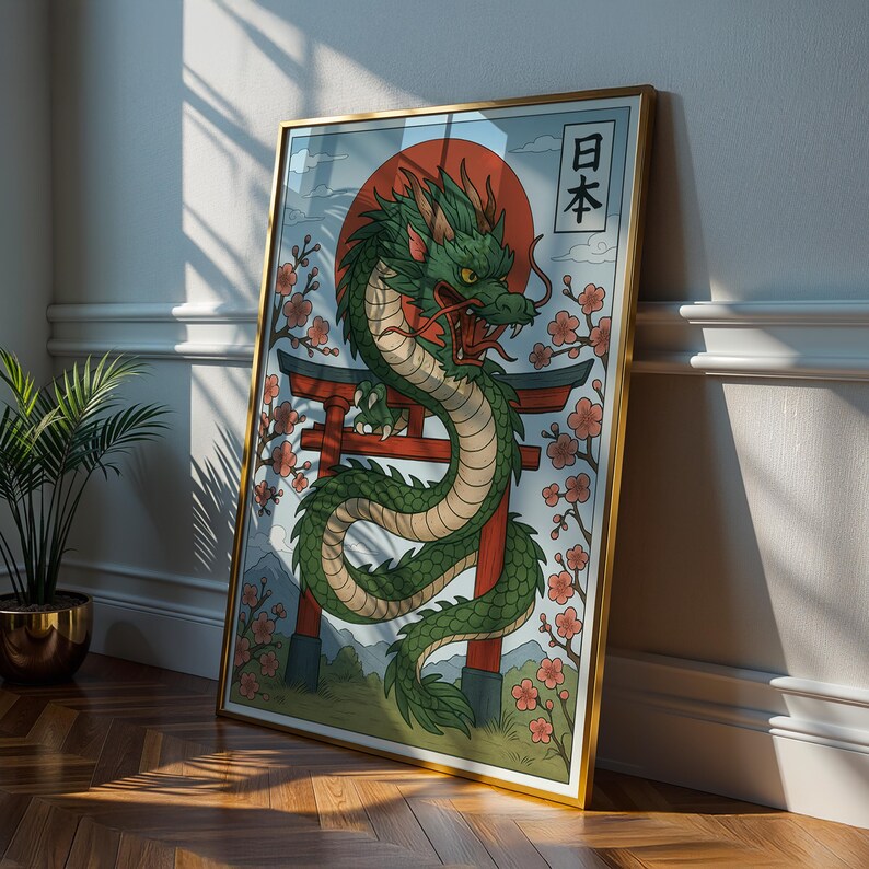 May include: A framed art print featuring a green dragon with red accents, a red sun, and Japanese text. The dragon is coiled around a red torii gate, with cherry blossoms in the background. The frame is gold.
