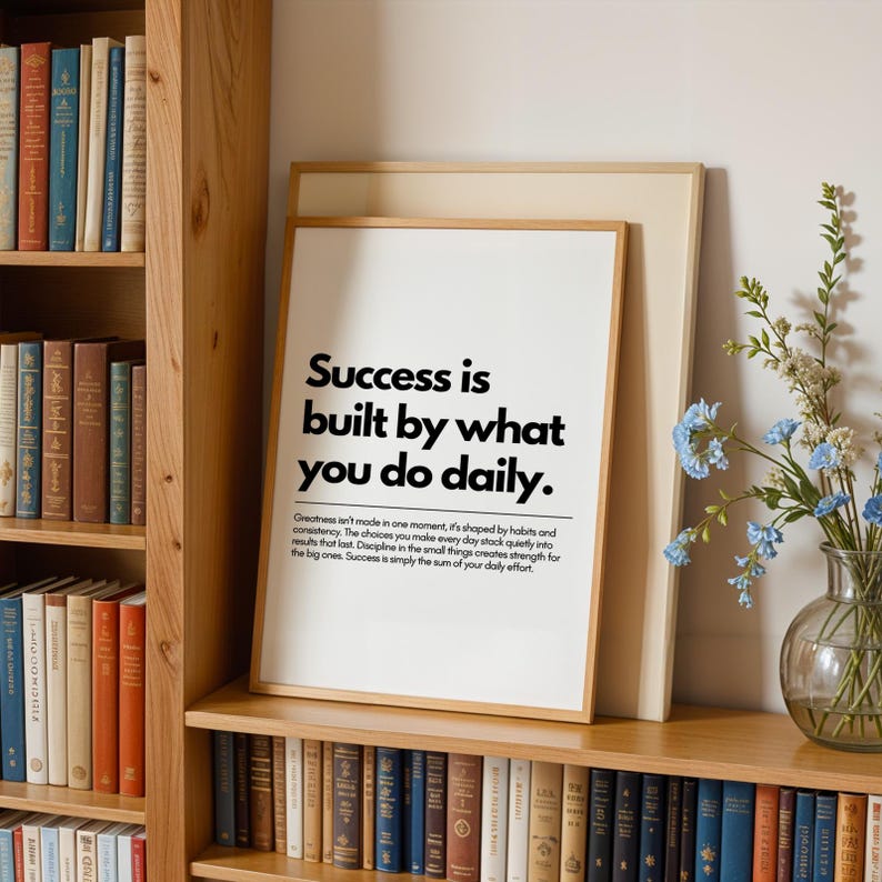May include: A framed print with the text "Success is built by what you do daily" in a wooden frame. The print is displayed on a wooden shelf with a bookshelf in the background. A vase of blue flowers sits to the right.