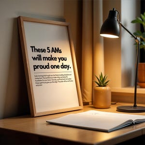 Pu&ograve; includere: Una stampa incorniciata con il testo "These 5 AMs will make you proud one day." &egrave; esposta su una scrivania di legno. Una lampada da scrivania nera e una piccola pianta in vaso sono anche sulla scrivania. La stampa ha uno sfondo bianco e una cornice di legno.
