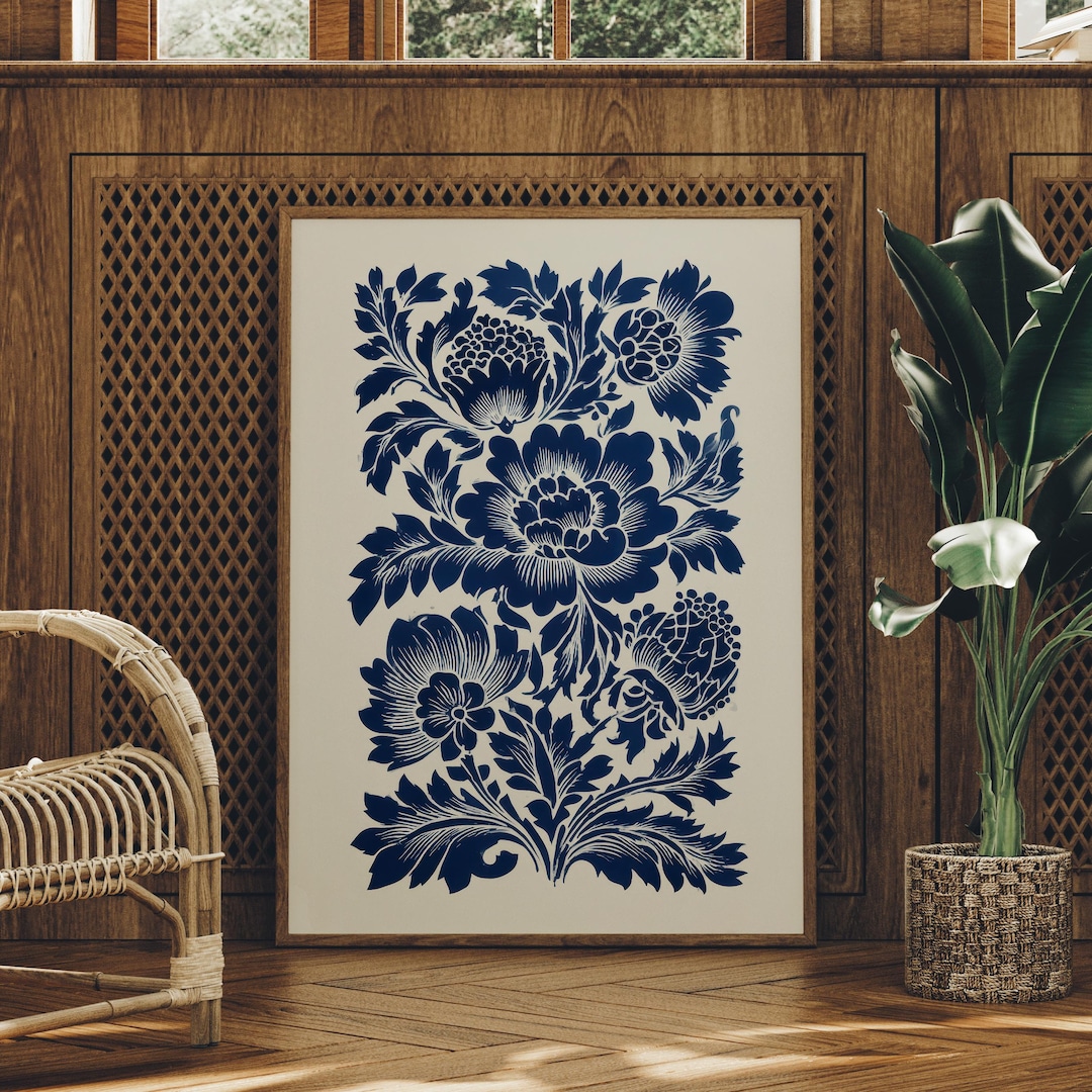 Navy Blue Flower Wall Art, Modern Floral Poster, Minimalist Botanical ...