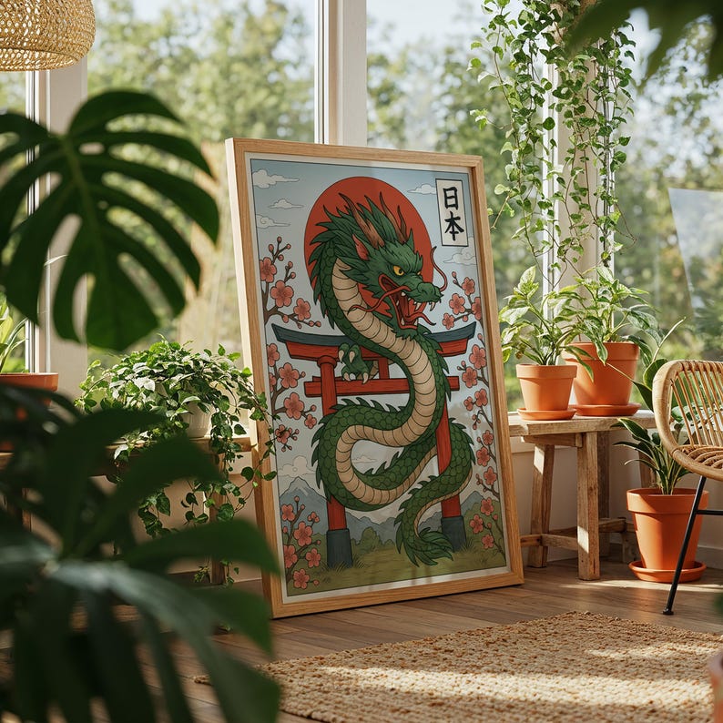 May include: A framed print featuring a green dragon with a red sun backdrop, Japanese text, and a red torii gate. Cherry blossoms and mountains complete the Asian-inspired artwork. The frame is made of light-colored wood.