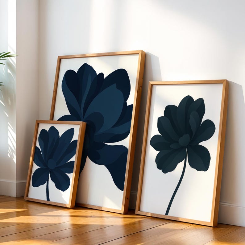 Navy Blue Floral Wall Art Set of 3, Modern Botanical Prints, Minimalist ...