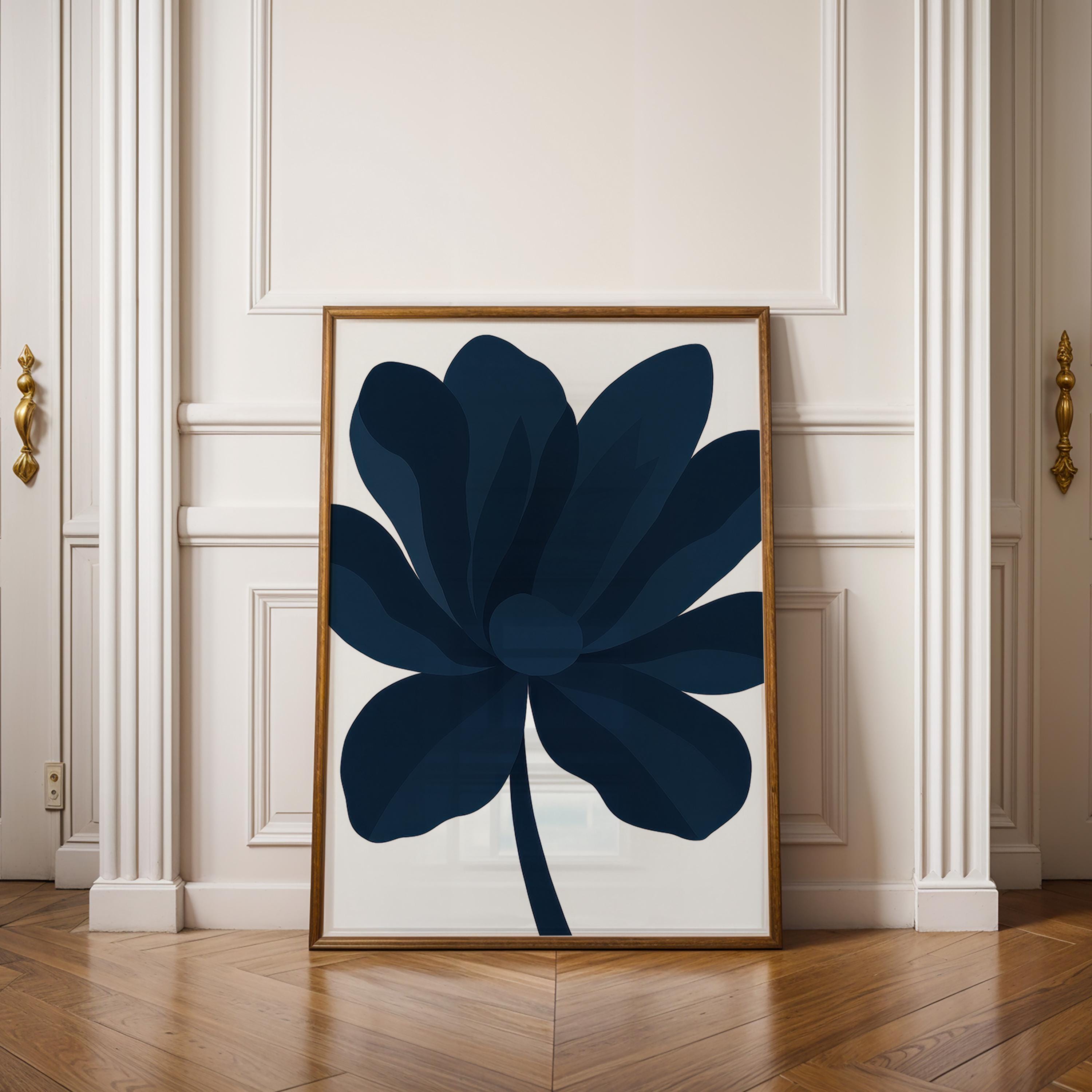 Modern Floral Poster, Navy Blue Flower Art, Minimalist Botanical Print ...