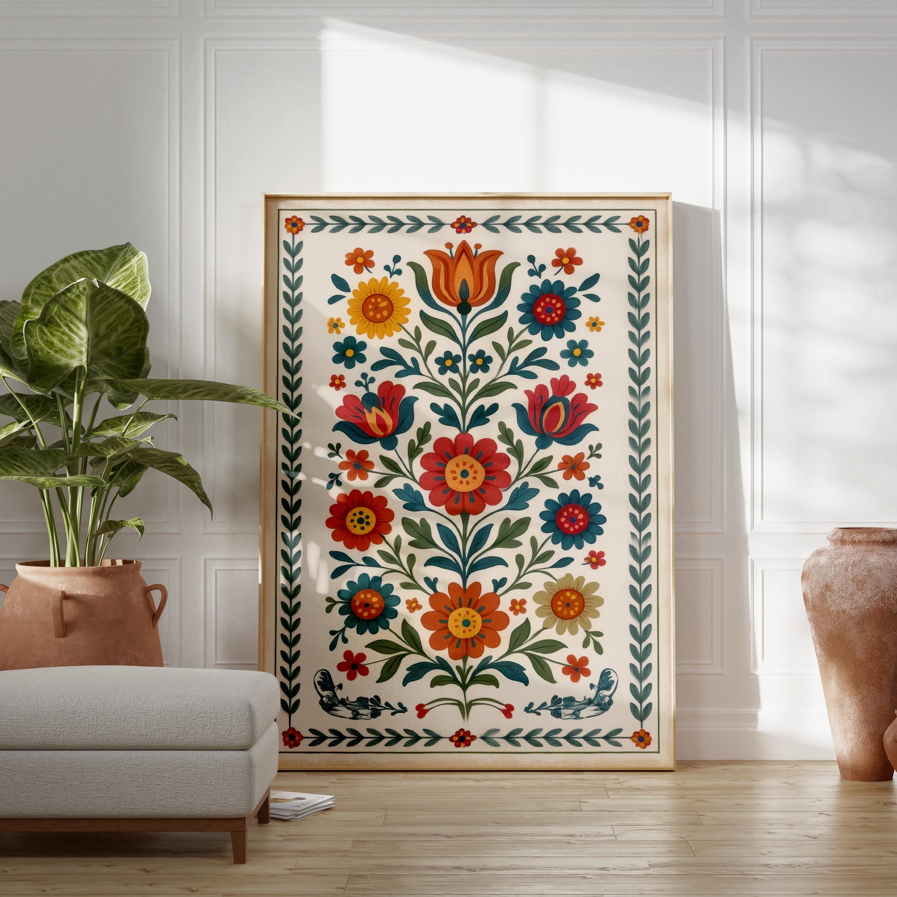 Scandinavian Folk Art Floral Print, Colorful Nordic Botanical Wall Art ...