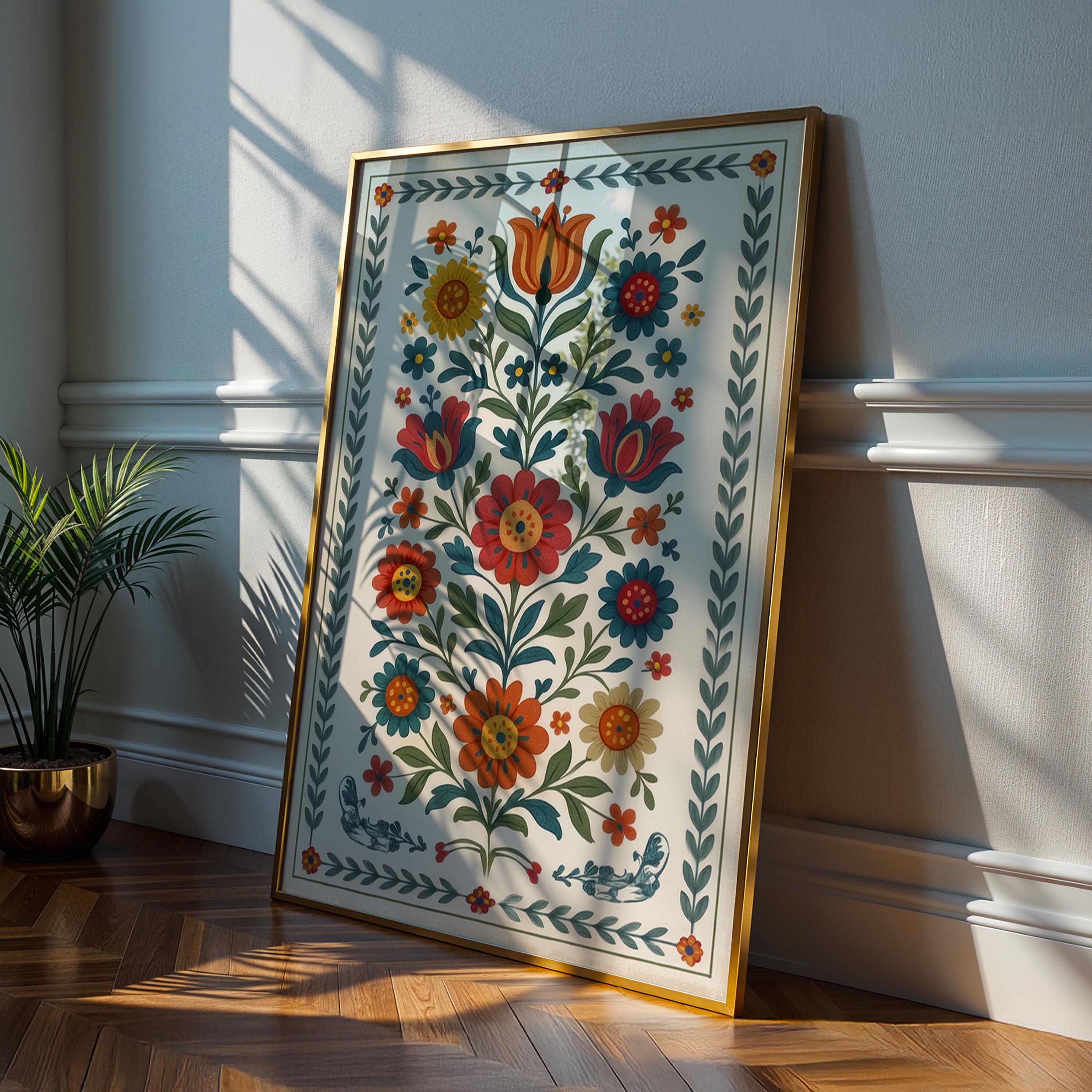 Scandinavian Folk Art Floral Print, Colorful Nordic Botanical Wall Art ...