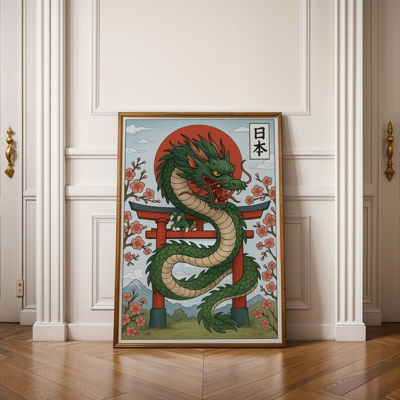May include: Framed art print featuring a green dragon with a red sun and Japanese Torii gate. The dragon is coiled, with a red mouth and green scales. Cherry blossoms and the Japanese word for Japan are also included.