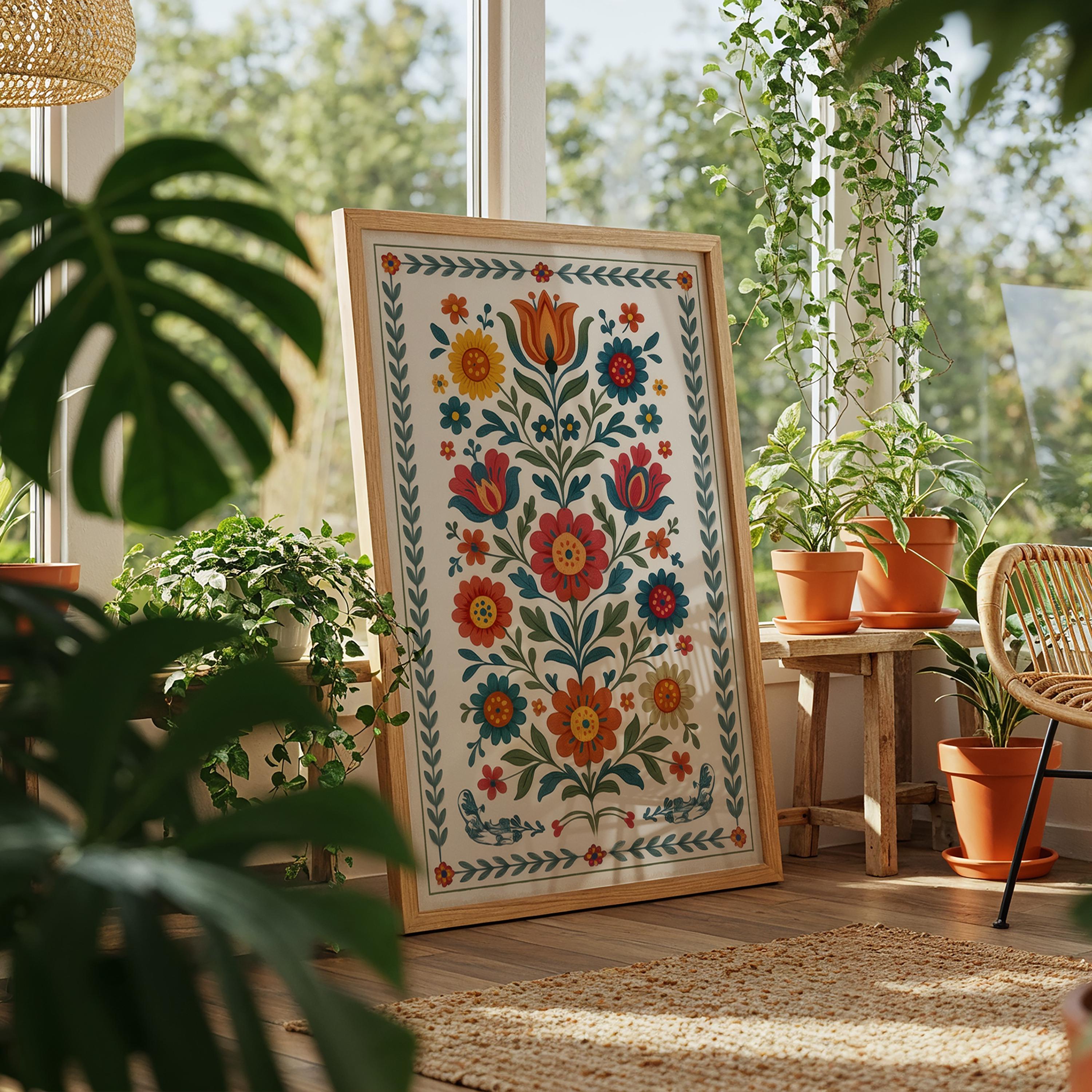 Scandinavian Folk Art Floral Print, Colorful Nordic Botanical Wall Art ...