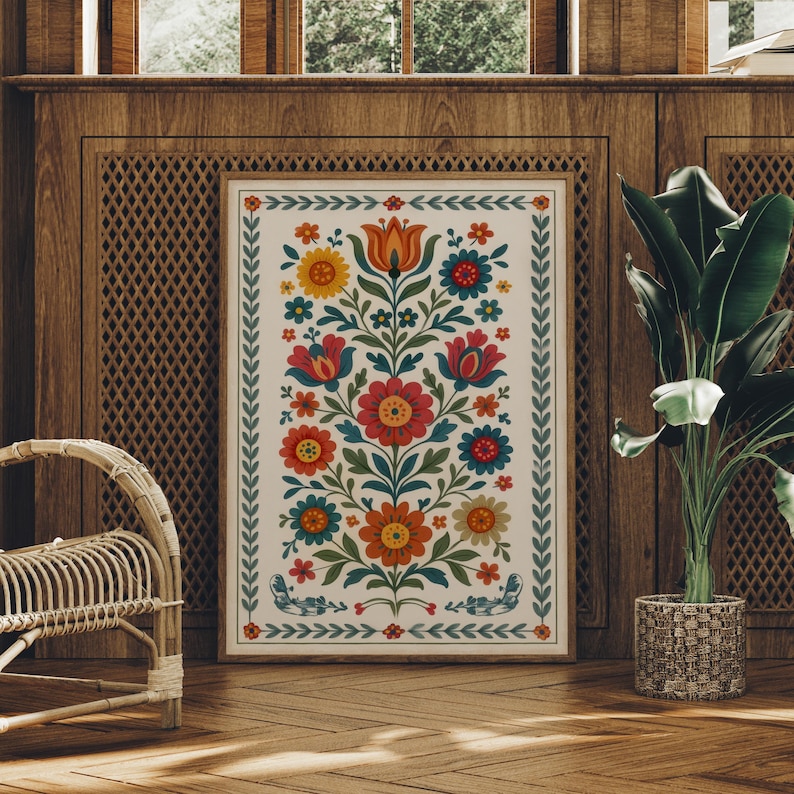 Scandinavian Folk Art Floral Print, Colorful Nordic Botanical Wall Art ...