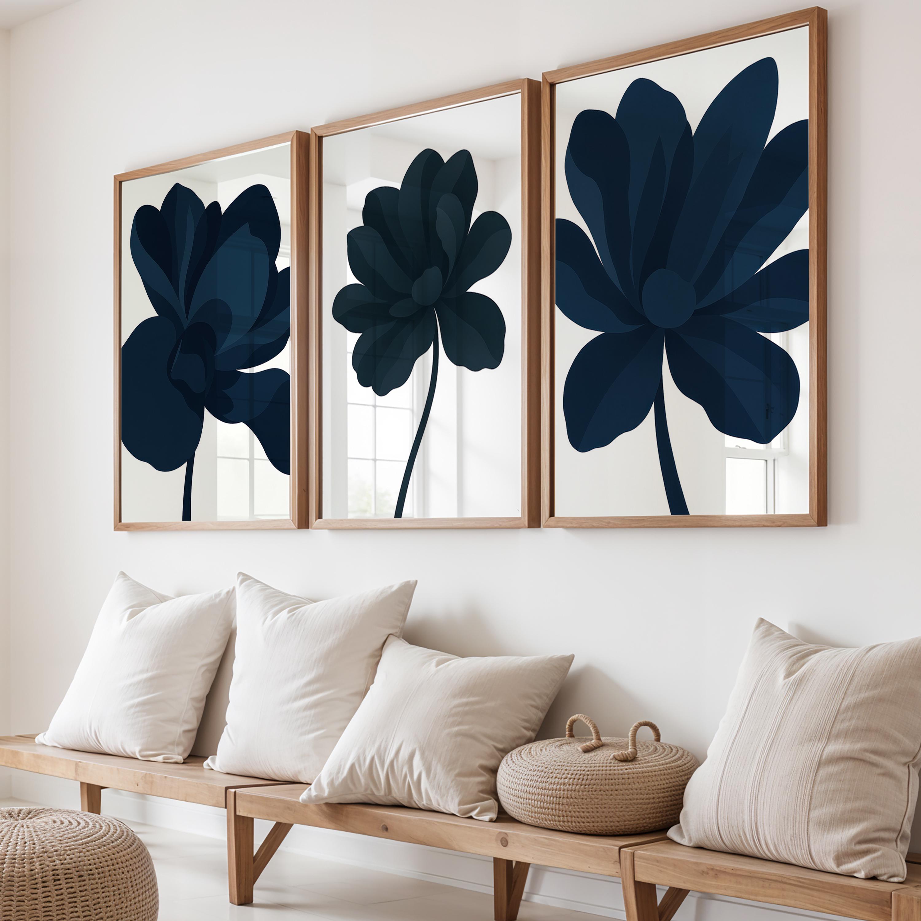 Navy Blue Floral Wall Art Set of 3, Modern Botanical Prints, Minimalist ...