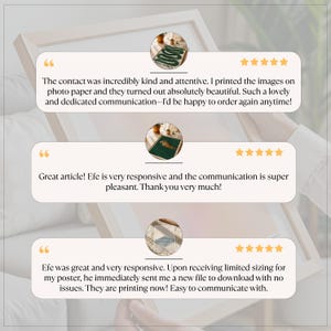 Pu&ograve; includere: Una stampa incorniciata con testimonianze dei clienti e valutazioni a cinque stelle. Il testo include feedback positivi sulla reattivit&agrave; e la comunicazione del venditore, e sulla qualit&agrave; delle immagini stampate.