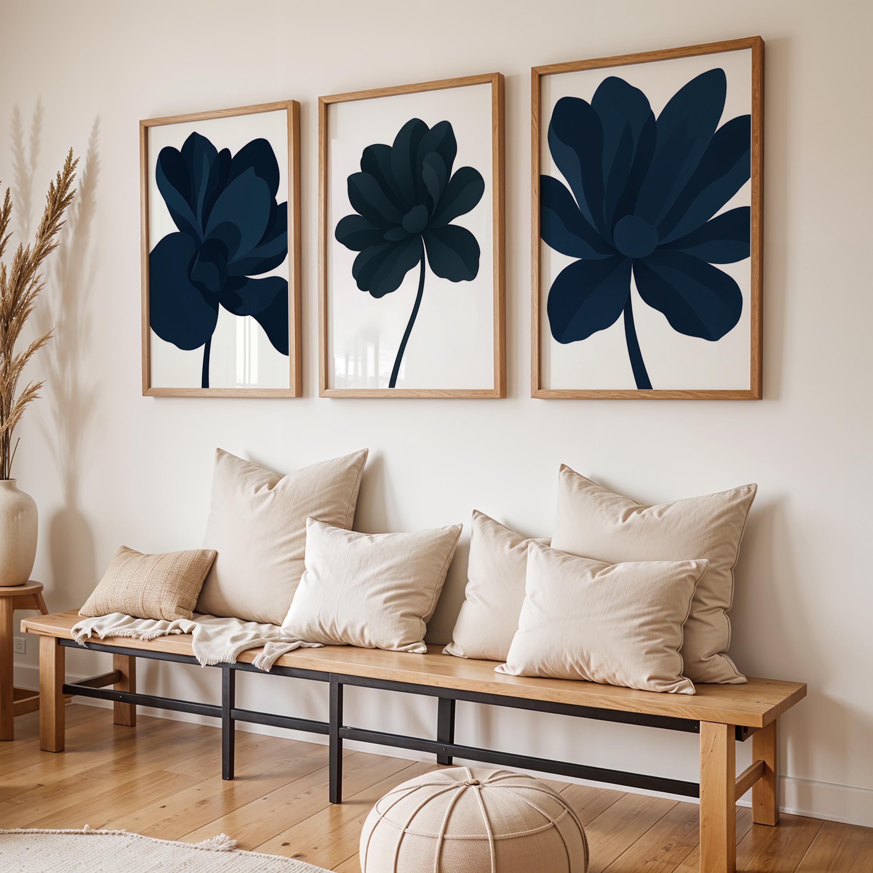Curated visual reference: Navy Blue Floral Wall Art Set Of 3 Modern Botanical Photo Inspiration