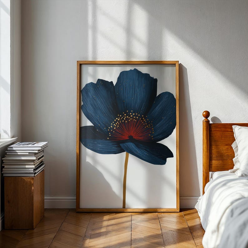 Navy Blue Flower Wall Art, Modern Floral Poster, Minimalist Botanical ...
