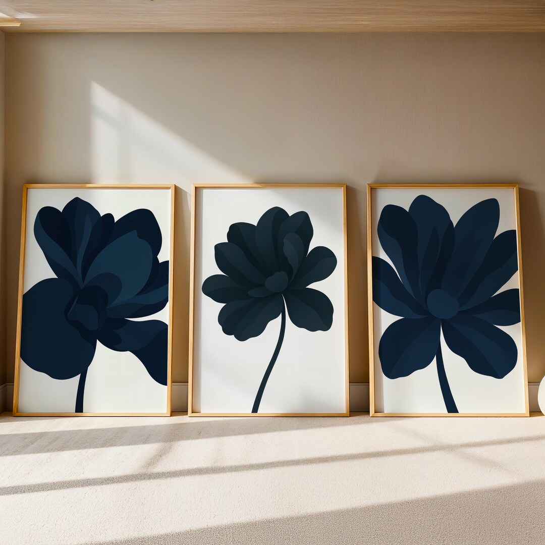 Navy Blue Floral Wall Art Set of 3, Modern Botanical Prints, Minimalist ...