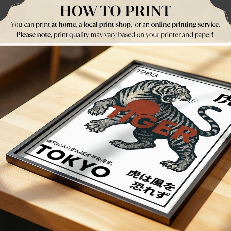 May include: Framed art print featuring a stylized tiger illustration in black and gray with the word "TIGER" in red. The print includes Japanese text and the word "TOKYO". The frame is black.