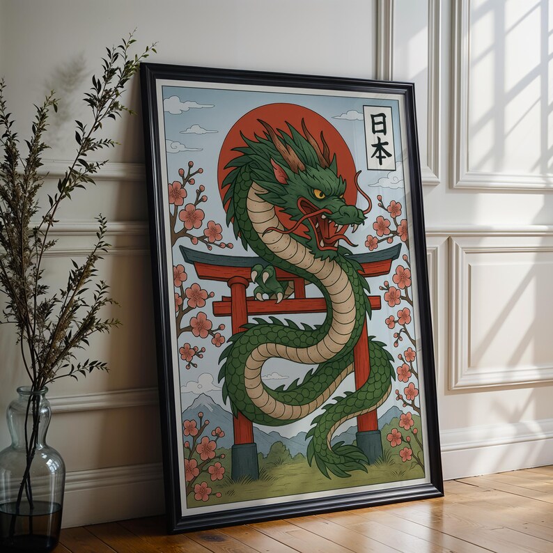 May include: Framed art print featuring a green dragon with red accents, set against a red sun and a traditional Japanese gate. Cherry blossoms and Japanese text are also included. The artwork is displayed in a black frame.