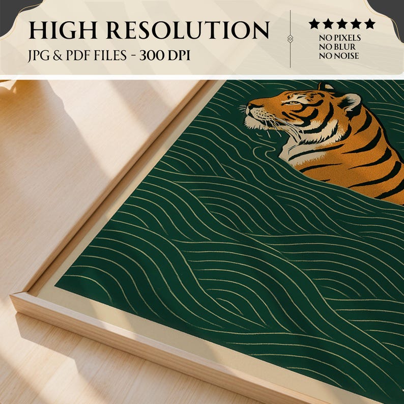 May include: A framed art print featuring a tiger illustration. The artwork has a green background with gold wave-like lines. The tiger is orange and black. The frame is light wood. Text at the top reads "HIGH RESOLUTION" and "JPG & PDF FILES - 300 DPI".