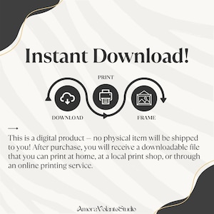 Pu&ograve; includere: Grafica di prodotto digitale con il testo "Download istantaneo!" e istruzioni per scaricare, stampare e incorniciare. L'immagine include icone di cloud, stampante e immagine incorniciata, con una nota sulla ricezione di un file scaricabile.